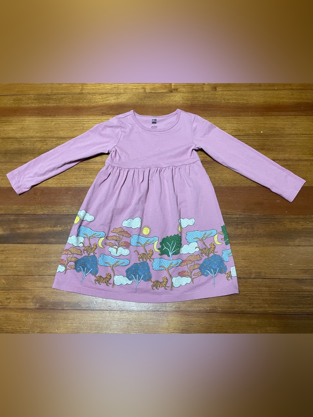 Tea Collection Pink Long-Sleeve Cotton Dress w Tiger & Tree Border Print Size 5